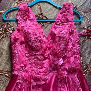 Size 6 Hot Pink Satin Prom dress with Floral appliqué and rhinestone. Unworn